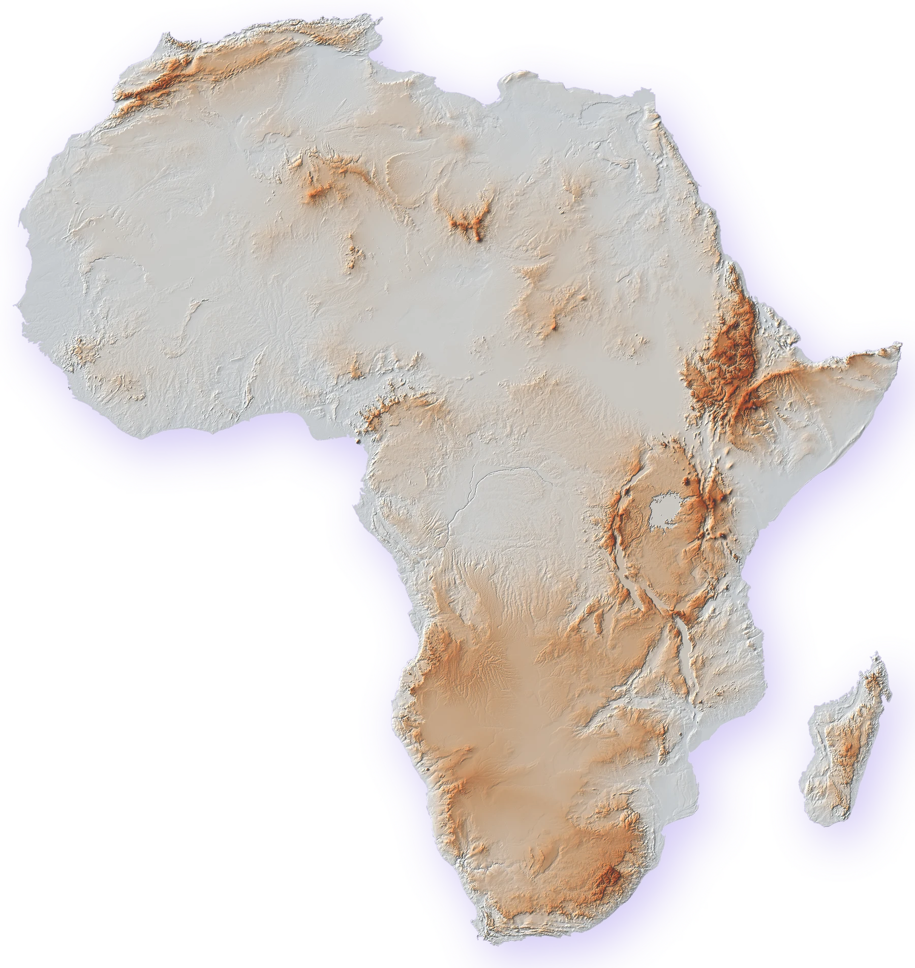 Shaded relief map of Africa with country flags on Tanzania, Kenya, Uganda, Rwanda, Zambia, Botswana and Namibia